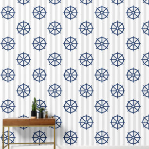 Grey Stripes Nautical Coastal Navy Ship Wheel Helm Wallpaper
