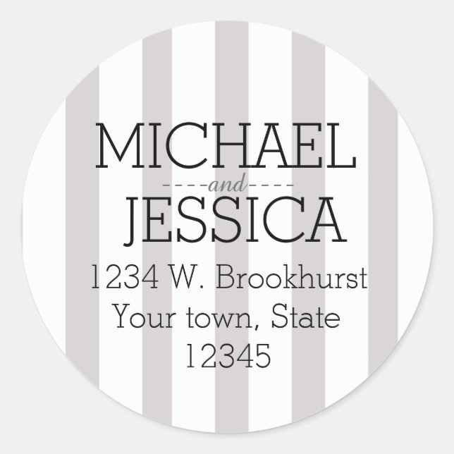 Grey Stripes Personalised name and address Classic Round Sticker (Front)
