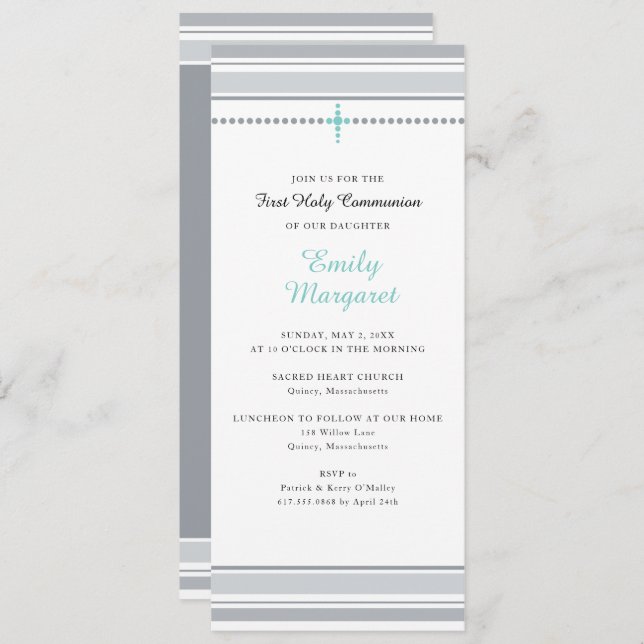 Grey Stripes Teal Cross First Holy Communion Invitation (Front/Back)