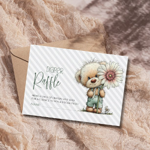 Grey Stripes Teddy Daisy Baby Shower Diaper Raffle Enclosure Card