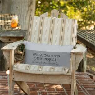Grey stripes welcome porch family name lumbar cushion