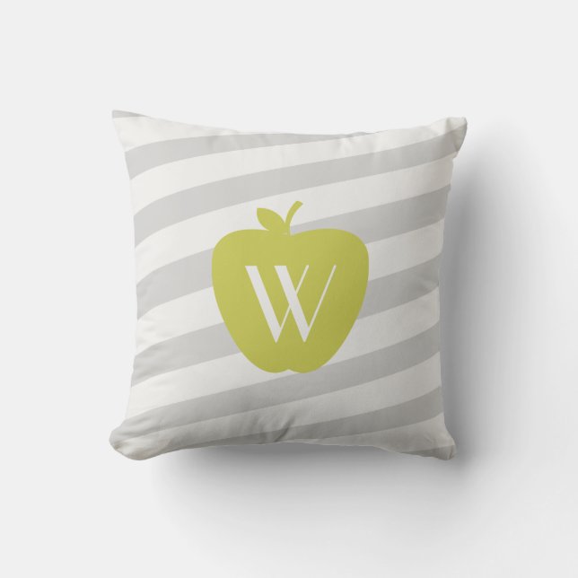 Grey Stripes Yellow Apple Monogram Teacher Pillow (Front)