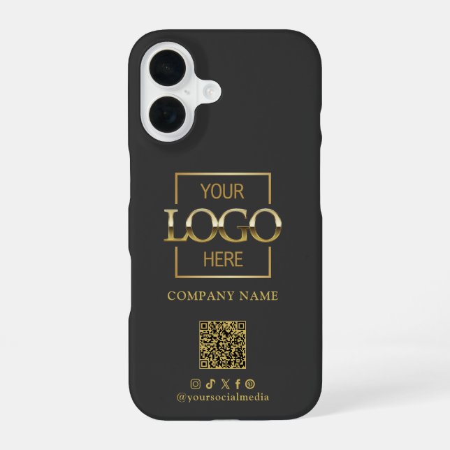 Grey Stylish Minimalist Business Logo & QR Code iPhone 16 Case (Back)