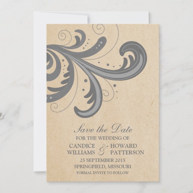 Grey Stylish Swirls Save the Date Invite (Front)