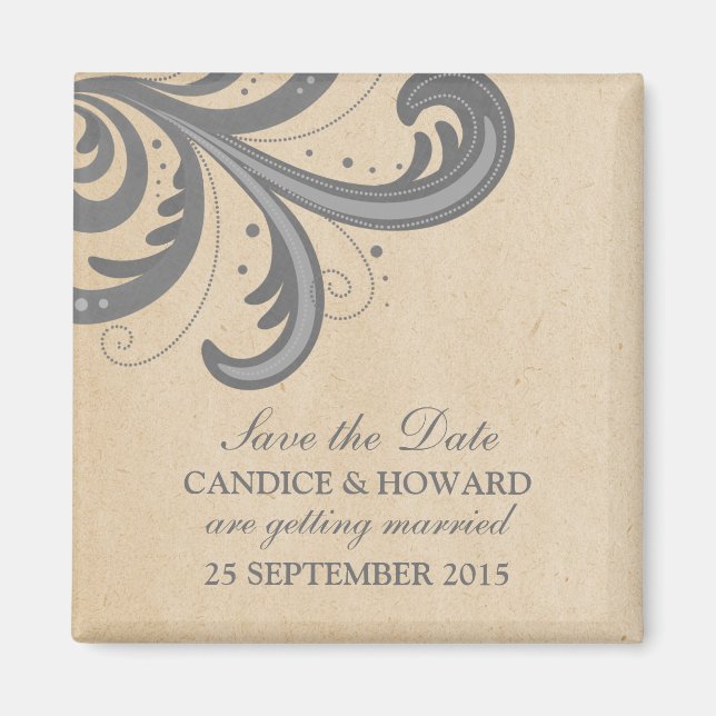 Grey Stylish Swirls Save the Date Magnet (Front)