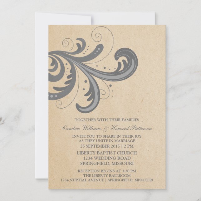 Grey Stylish Swirls Wedding Invite (Front)