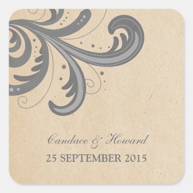 Grey Stylish Swirls Wedding Stickers (Front)