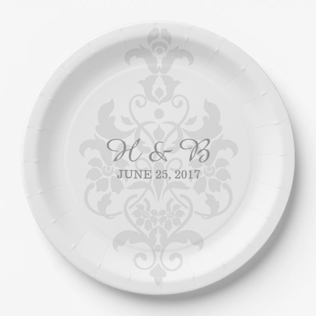 Grey Subtle Damask Wedding Paper Plates (Front)