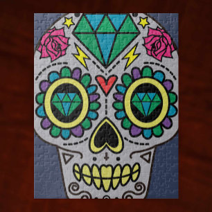 Grey Sugar Skull Art, Day of the Dead Jigsaw Puzzle