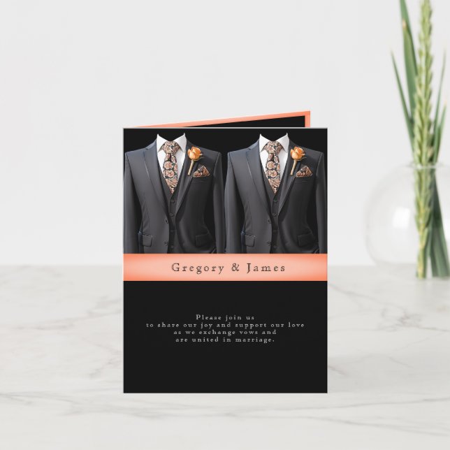  Grey Suits Peach Roses & Floral Tie Invitation (Front)