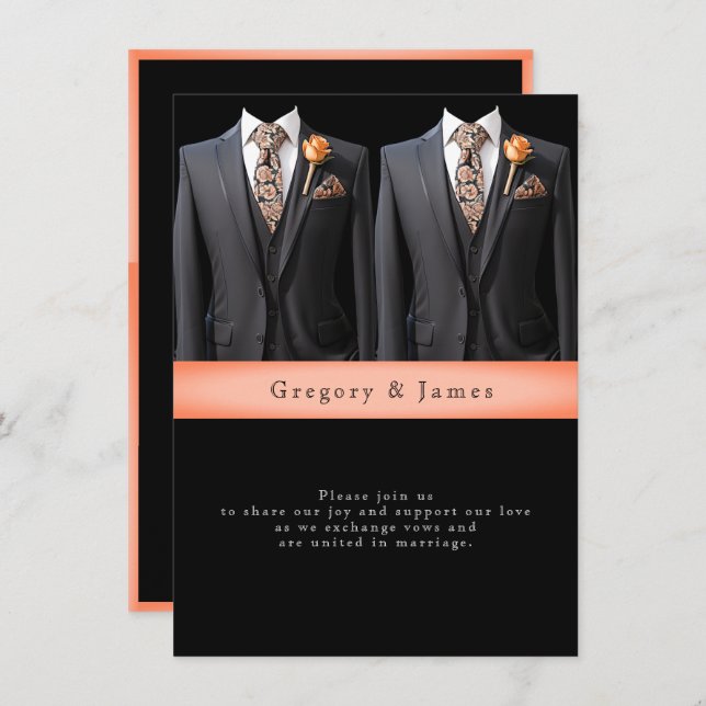  Grey Suits Peach Roses & Floral Tie Invitation (Front/Back)
