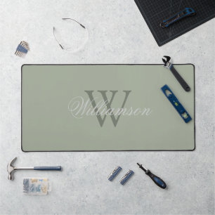 Grey Surname Over Green Monogram on Sage Green Desk Mat