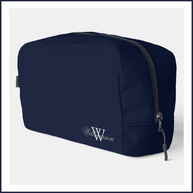 Grey Surname Over Pale Grey Monogram on Deep Blue Dopp Kit (Creator Uploaded)