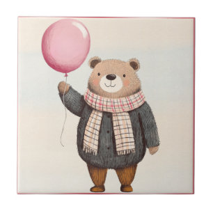 Grey Sweater Bear with Pink Plaid Scarf Ceramic Tile