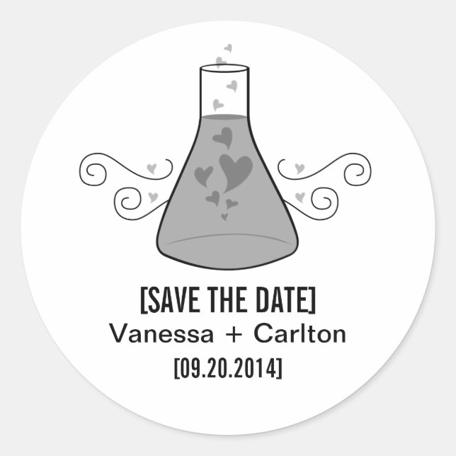 Grey Sweet Chemistry Save the Date Stickers (Front)
