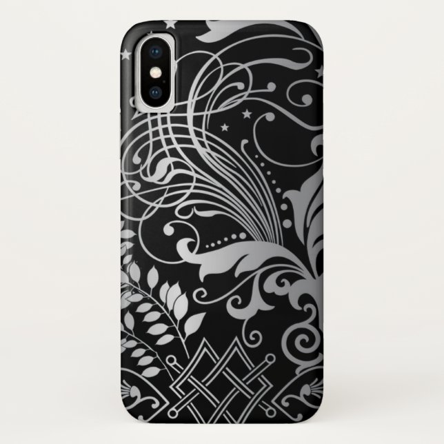 Grey Swirling Damask Pattern on Black Case-Mate iPhone Case (Back)