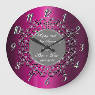 Grey Swirls Purple Metallic 25 Wedding  Large Clock