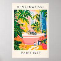 Grey Tabby Cat Bath Art Print Matisse Style