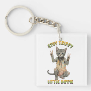 Grey Tabby Cat Boho Stay Trippy Little Hippie  Key Ring