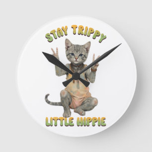 Grey Tabby Cat Boho Stay Trippy Little Hippie  Round Clock
