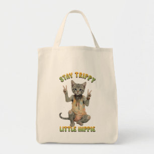 Grey Tabby Cat Boho Stay Trippy Little Hippie  Tote Bag