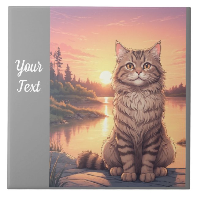 Grey Tabby Cat by Lake Ceramic Tile (Front)