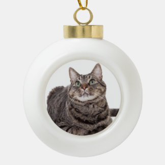 Grey Tabby Cat Ceramic Ball Christmas Ornament