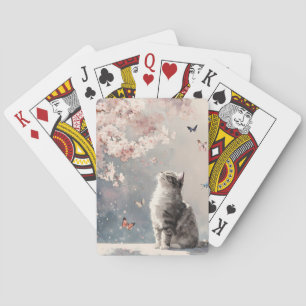 Grey Tabby Cat - Cherry Blossoms & Butterflies Playing Cards