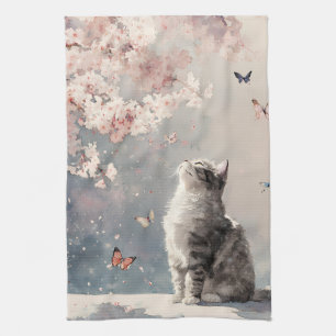 Grey Tabby Cat - Cherry Blossoms & Butterflies Tea Towel