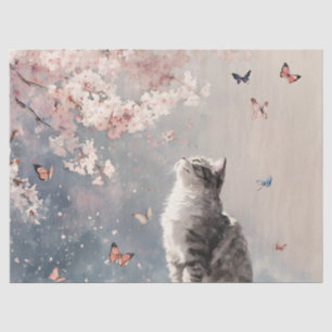 Grey Tabby Cat - Cherry Blossoms & Butterflies Tissue Paper