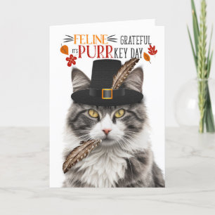 Grey Tabby Cat Feline Grateful for PURRkey Day Holiday Card