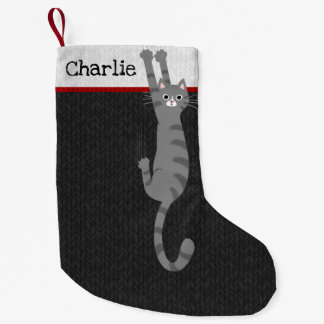 Grey Tabby Cat Hanging On | Funny Cat Holiday Small Christmas Stocking