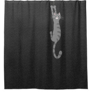 Grey Tabby Cat Hanging On Funny Grey Striped Cat Shower Curtain