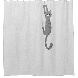 Grey Tabby Cat Hanging On   Funny Grey Striped Cat Shower Curtain