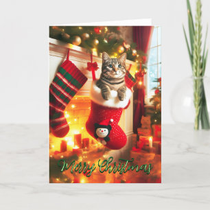 Grey Tabby Cat in a Christmas Stocking Card