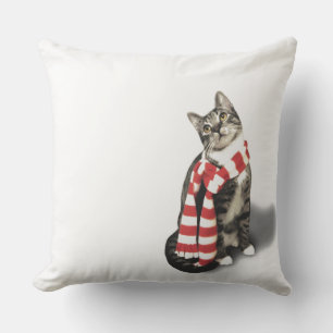 Grey Tabby Cat in a red and white stripped scarf Cushion