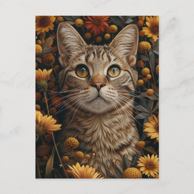 Grey Tabby Cat in Fall Flowers Garden Postcard (Front)