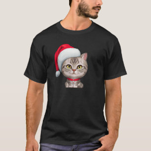 Grey Tabby Cat in Santa Claus Hat Christmas T Shir T-Shirt