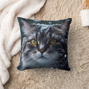 Grey Tabby Cat in Snowstorm  Cushion