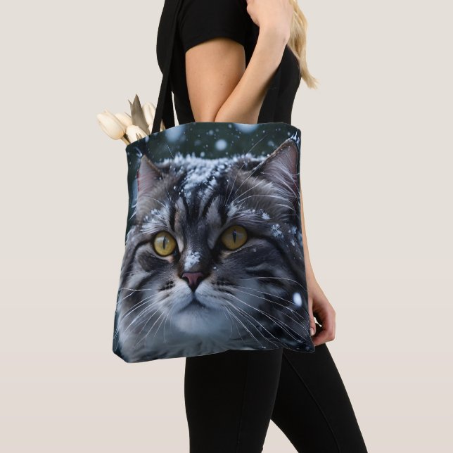 Grey Tabby Cat in Snowstorm  Tote Bag (Close Up)