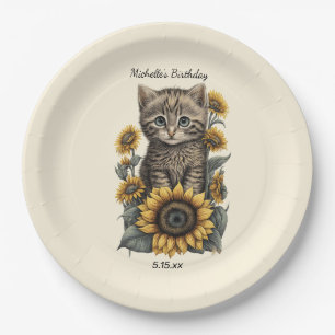 Grey Tabby Cat Kitten Sunflowers Birthday  Paper Plate