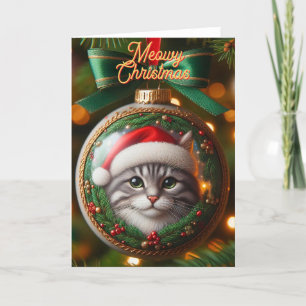 Grey Tabby Cat on Ornament Christmas Card