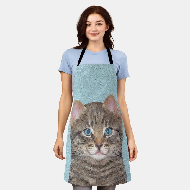 Grey Tabby Cat Painting - Cute Original Cat Art Apron (Worn)