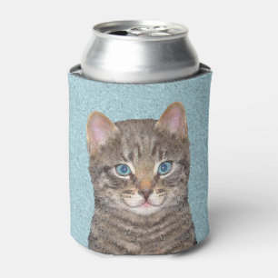 Grey Tabby Cat Painting - Cute Original Cat Art Can Cooler