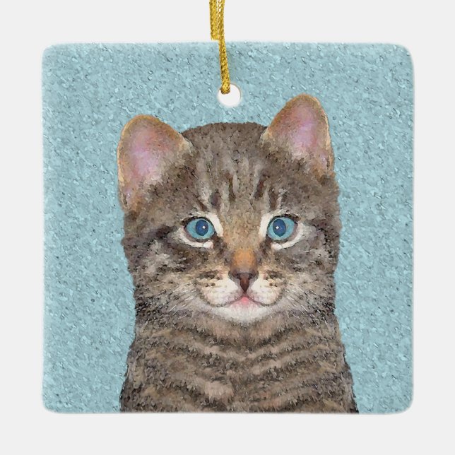 Grey Tabby Cat Painting - Cute Original Cat Art Ceramic Ornament (Front)