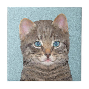 Grey Tabby Cat Painting - Cute Original Cat Art Ceramic Tile