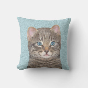 Grey Tabby Cat Painting - Cute Original Cat Art Cushion
