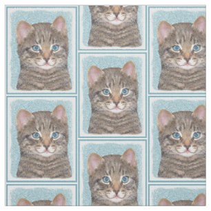 Grey Tabby Cat Painting - Cute Original Cat Art Fabric