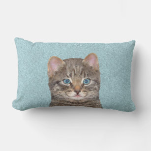 Grey Tabby Cat Painting - Cute Original Cat Art Lumbar Cushion