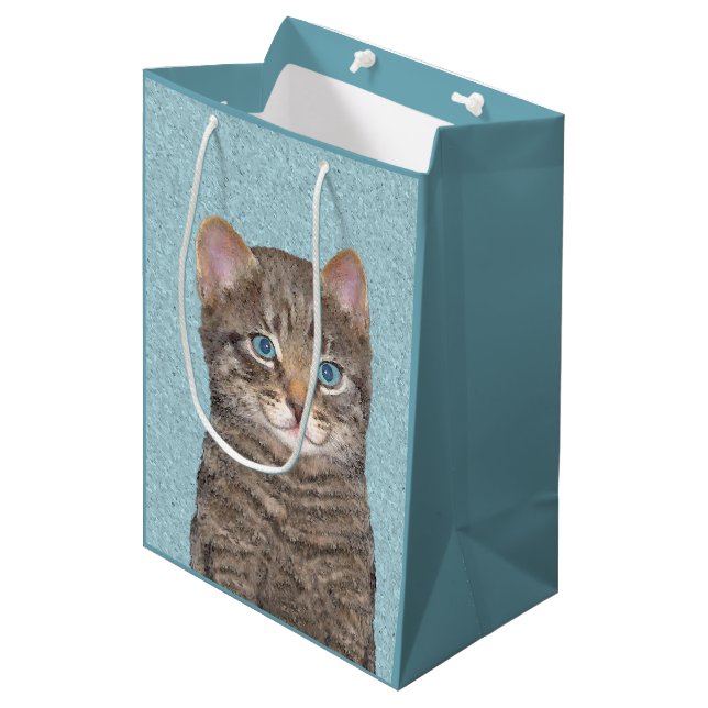 Grey Tabby Cat Painting - Cute Original Cat Art Medium Gift Bag (Front Angled)